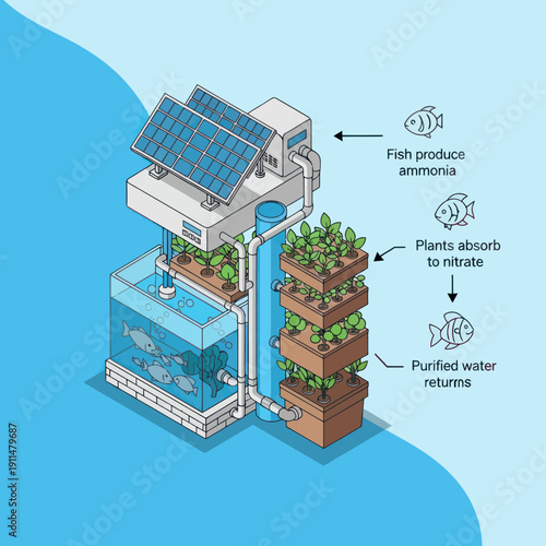 Sustainable Aquaponics System with Solar Panels.