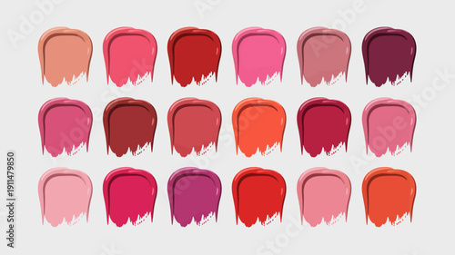 A collection of vibrant lipstick shades is displayed ranging from nude and peach tones to deep berry and classic red hues high quality professional detailed modern