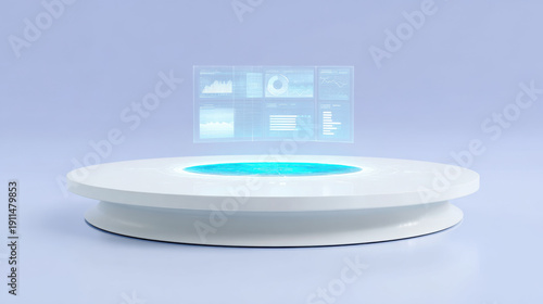 Minimal white platform with floating holographic digital interface displaying data charts and graphs in blue light