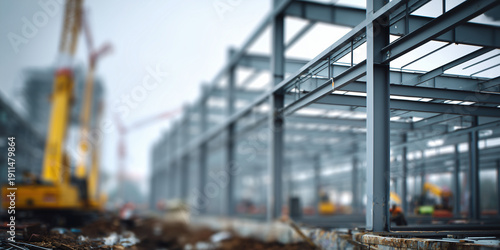 Construction site featuring the steel structure of a building under construction, showcasing the process of erecting a modern structure with construction vehicles