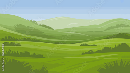 A vibrant cartoon style landscape depicts rolling green hills under a clear light blue sky with fluffy white clouds high quality professional detailed modern elegant stylish