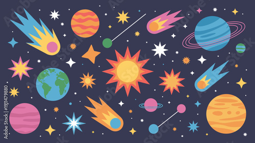 A vibrant illustration depicts a whimsical space scene with colorful planets comets stars and a radiant sun against a dark blue background high quality professional detailed
