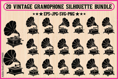 Collection of vintage gramophone silhouettes in black and white design bundle Vector