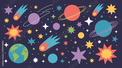 A colorful whimsical illustration depicts a playful scene of planets stars comets and celestial bodies against a dark navy background high quality professional detailed modern elegant