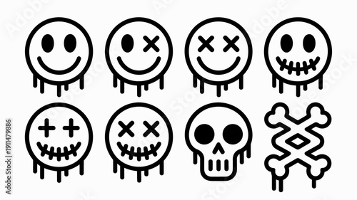 A collection of eight black and white icons depicts various faces including smiling winking spooky and skeletal designs with dripping effects high quality professional detailed modern