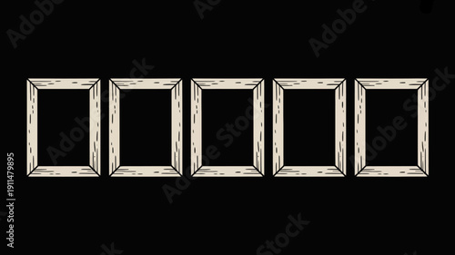 Five empty rectangular picture frames are aligned horizontally against a stark black background creating a minimalist composition high quality professional detailed modern elegant stylish clean crisp