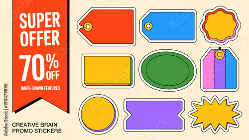 A vibrant collection of colorful sale tags and labels are displayed featuring a prominent super offer with a 70 discount high quality professional detailed modern elegant