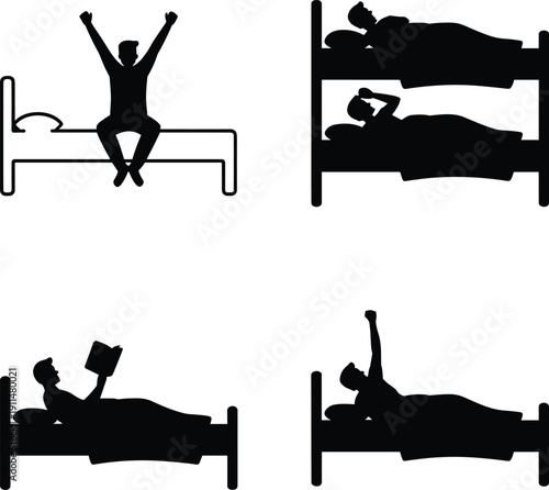 Black silhouettes of men in bed set, person waking up stretching and reading book in bunk bed, morning routine icons, sleeping