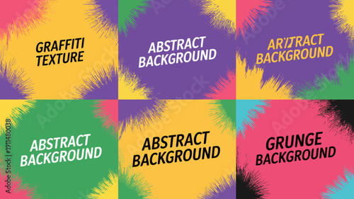A colorful grid of nine squares features abstract backgrounds graffiti textures and grunge effects in vibrant shades of purple green and yellow high quality professional detailed