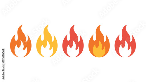 A horizontal arrangement of five stylized flames showcases varying shades of orange and yellow depicting heat and combustion high quality professional detailed modern elegant stylish clean