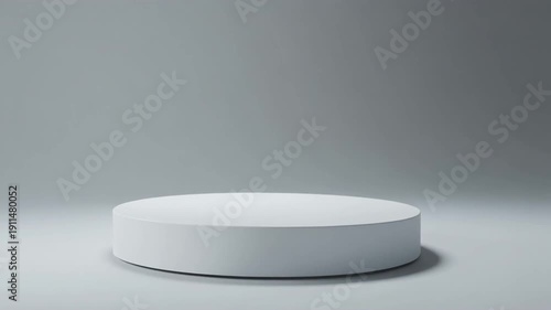 A 3D rendering of a white circular podium on a gray floor from a straight-on viewpoint, perfect for product display