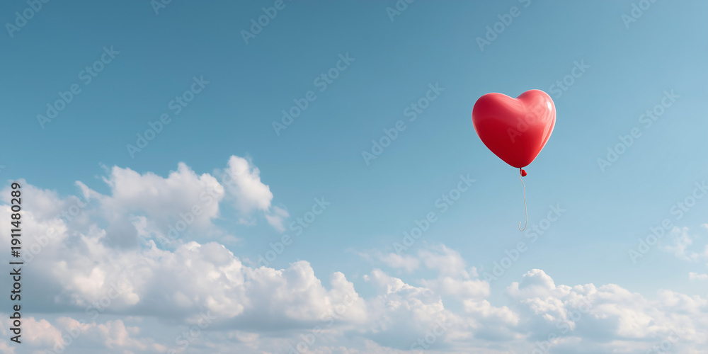 Obraz premium A red heart-shaped balloon floating gracefully against a serene sky with fluffy clouds. Capturing the essence of love and freedom.