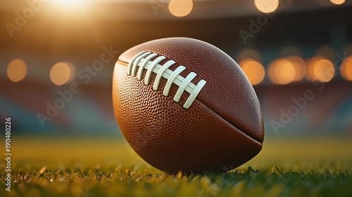 American Football on a green grass field in a stadium with lights shining down from above.
