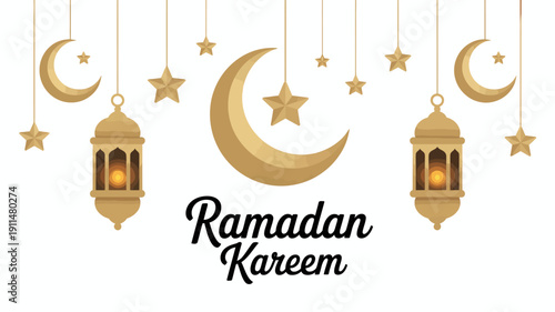 A festive ramadan kareem greeting featuring golden crescent moons twinkling stars and ornate hanging lanterns against a white backdrop high quality professional detailed modern elegant stylish