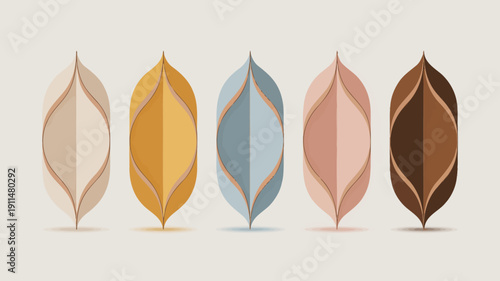 An artistic arrangement showcases six stylized leaf shapes each with a unique color palette and textured patterned center designs high quality professional detailed modern elegant stylish