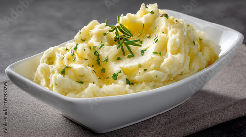 A bowl of mashed potatoes garnished with herbs on a table