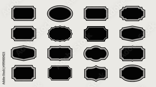 An arrangement of twelve black frames with varying ornate decorative edges against a light gray background high quality professional detailed modern elegant stylish clean crisp vibrant