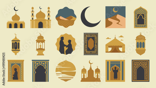 A collection of stylized islamic illustrations showcases mosques lanterns crescent moons and geometric patterns in muted earthy tones high quality professional detailed modern elegant stylish clean