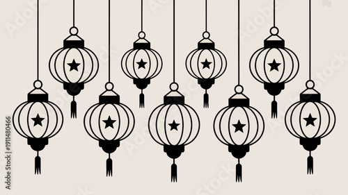 A symmetrical arrangement of black paper lanterns hangs from above each featuring a star shaped cutout and decorative tassels high quality professional detailed modern elegant stylish
