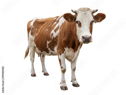 Brown and White Simmental Cow Standing Isolated on Transparent Background