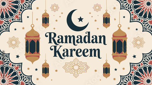 A decorative ramadan kareem greeting featuring a crescent moon ornate lanterns and traditional floral patterns on a patterned background high quality professional detailed modern elegant stylish