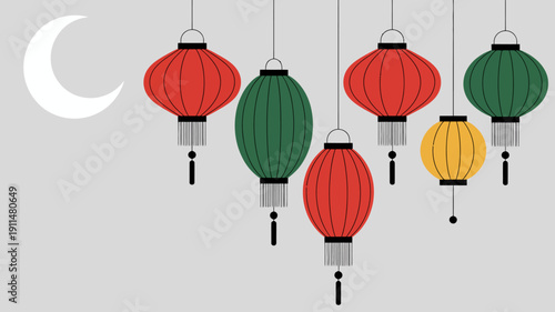 A digital illustration displays a row of colorful hanging lanterns alongside a crescent moon against a light gray backdrop high quality professional detailed modern elegant stylish