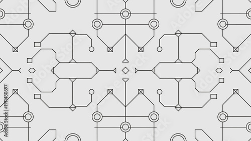 A repeating geometric pattern features interconnected lines and diamond shapes in a minimalist monochromatic grey and white scheme high quality professional detailed modern elegant stylish clean