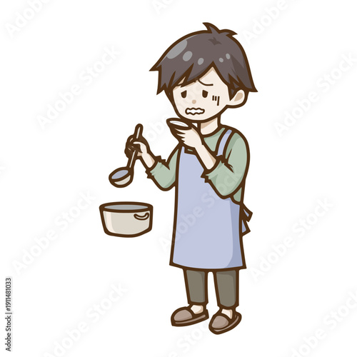 料理の味見をして顔をしかめるエプロン姿の男性（失敗・まずい）