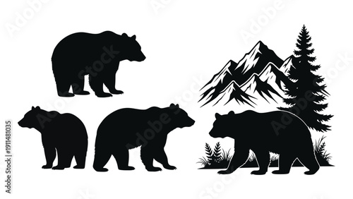 A group of bears in a forest with mountains and trees in the background. Vector