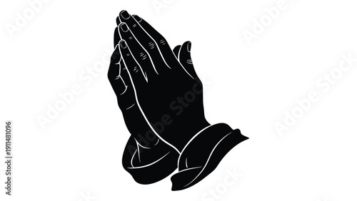A black and white illustration of two hands in a prayer position. Vector