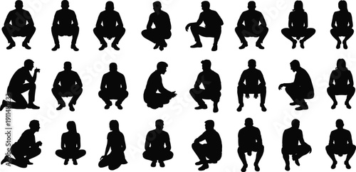 Black silhouettes of urban people walking and standing while using smartphones and wearing backpacks, isolated on white for architectural visualization.