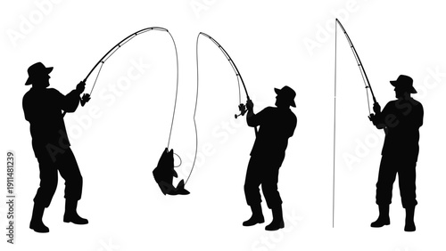 Three individuals enjoying a day of fishing in a serene environment. Vector