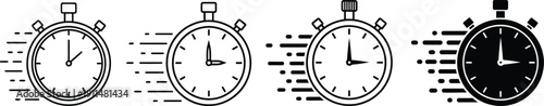 Dynamic set of four stopwatch icons with motion lines, depicting speed, time, and urgency in a clean vector style.