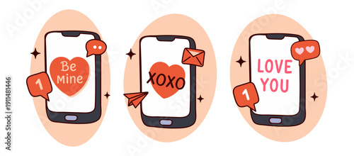  Romantic Love Messages on Smartphone Screens Flat Vector Illustration, Romantic Chat, Love-Themed Flat Vector Designs Set for Valentine’s Day, Wedding, Anniversary, and Marriage Proposal