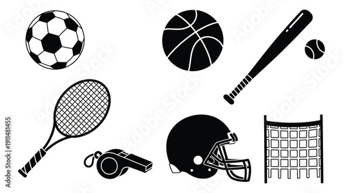 A collection of various sports equipment including a soccer ball, tennis racket, baseball bat, and more Vector