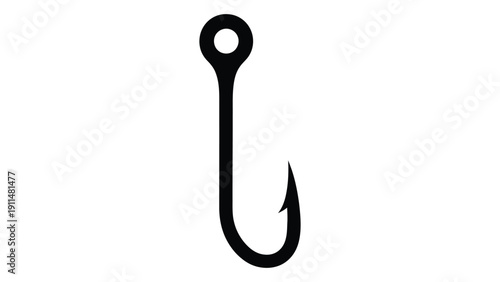 A black and white illustration of a fishing hook with a circular eye. Vector