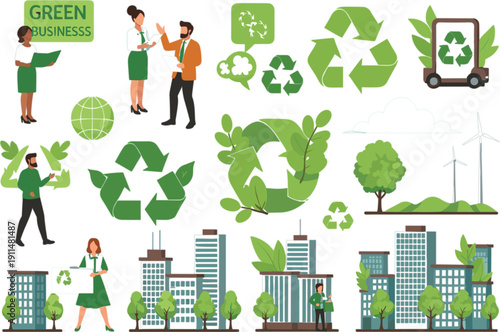 Green business professionals collaborating for environmental sustainability with recycling icons wind energy eco city buildings and nature vector