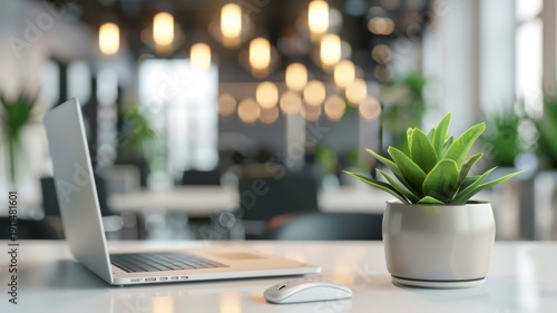 Bright and airy office setting featuring a laptop and plant on a white desk, with bokeh lights and comfortable seating in the background.
