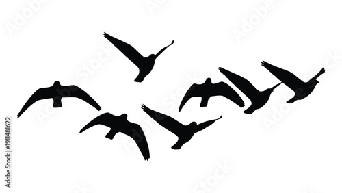 A flock of birds flying in a v-formation against a white background Vector