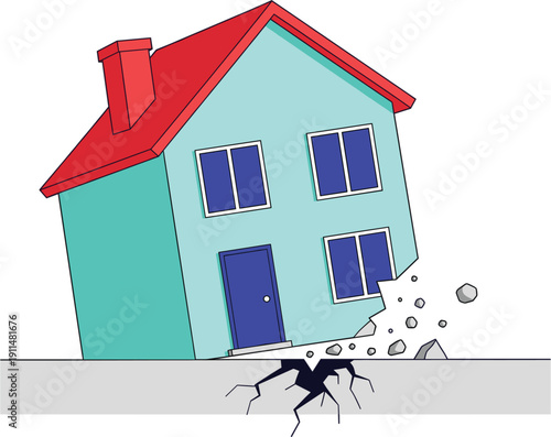 House sinking into ground earthquake disaster building destruction property damage residential home insurance claim natural catastrophe seismic activity vector