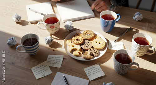 Top view casual meeting desk with tea cups biscuits and scattered notes is styled in bright cozy atmosphere mockup concept
