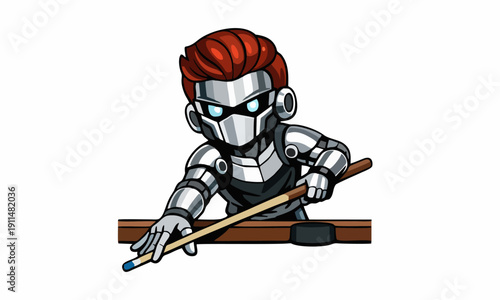 Robot focused on pool game cartoon illustration