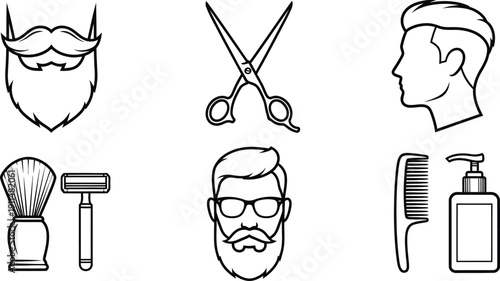 Barbershop vector icons showcasing grooming tools and stylish male portraits, ideal for hair salons and men's fashion.