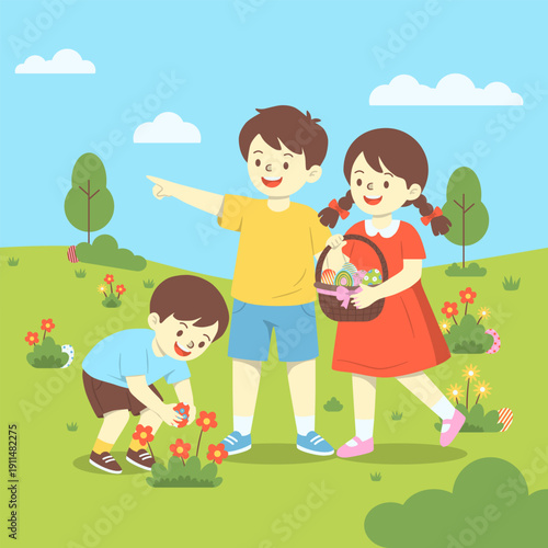 Children Celebrating Easter with Egg Hunt in Spring Garden