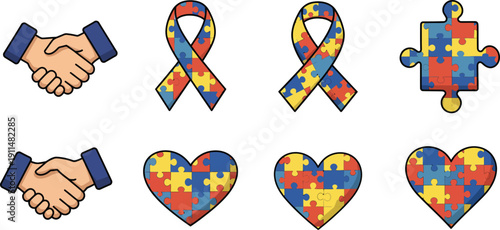 Autism awareness symbols and puzzle pieces with hands and hearts for support and love