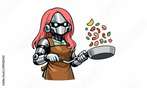Futuristic robot chef in action cartoon illustration