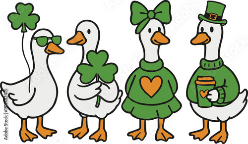 St. Patrick's Day Cute White Ducks Collection, Lucky Shamrock Clover and Leprechaun Hat Outfits, Flat Vector Illustration Set