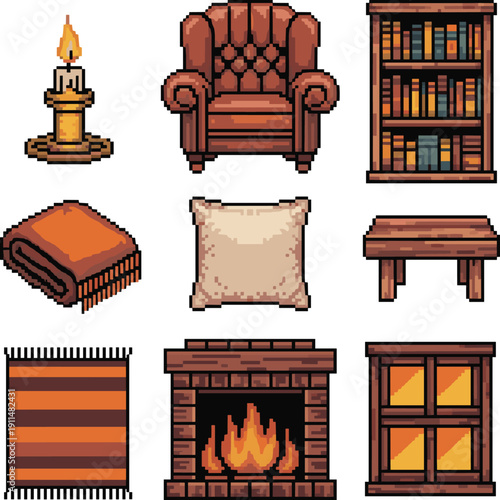 Pixel art cozy interior set, fireplace armchair and bookshelf icons, 8-bit home decor vector illustration, retro video game furniture assets