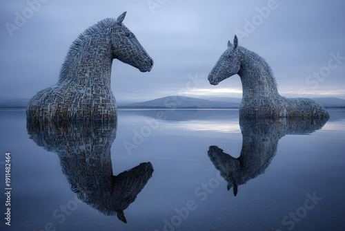 Majestic Kelpies: Captivatng Water Spirits Illuminatd Against a Backdrop of Trnquil Waters Reflecting th Mystical Guardians of Scotish Heritage