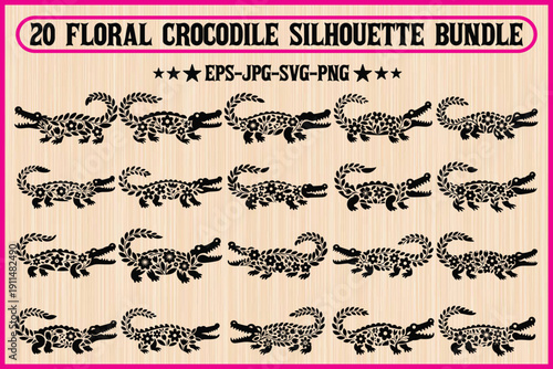 Collection of twenty floral crocodile silhouette designs for various uses Vector